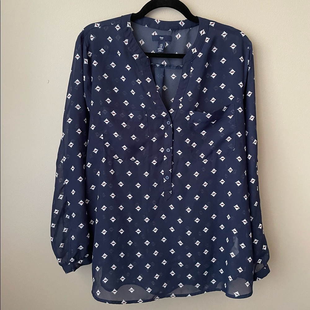XL Navy blouse by Gap. Long sleeves, buttons, geometric print, sheer fabric